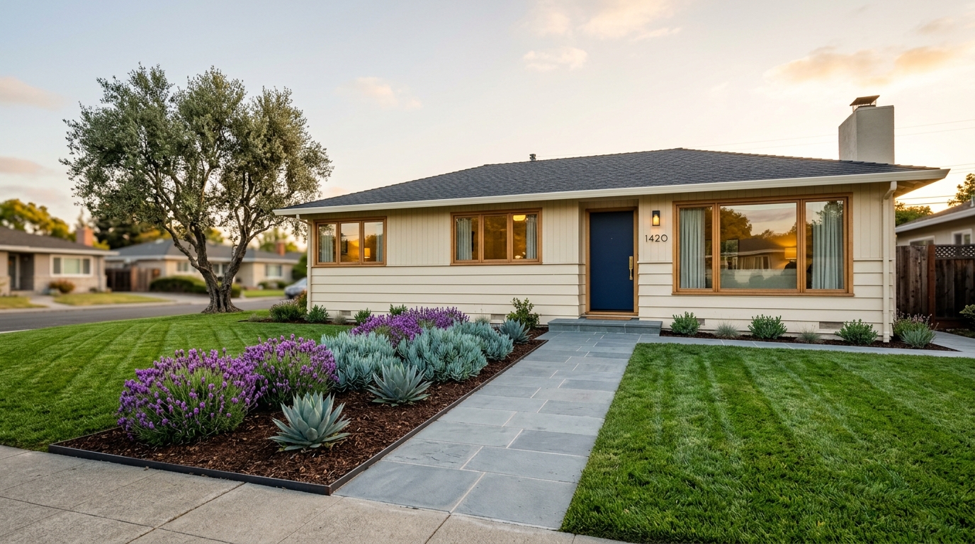 After — refreshed mid-century front yard with paver walkway and drought-tolerant beds