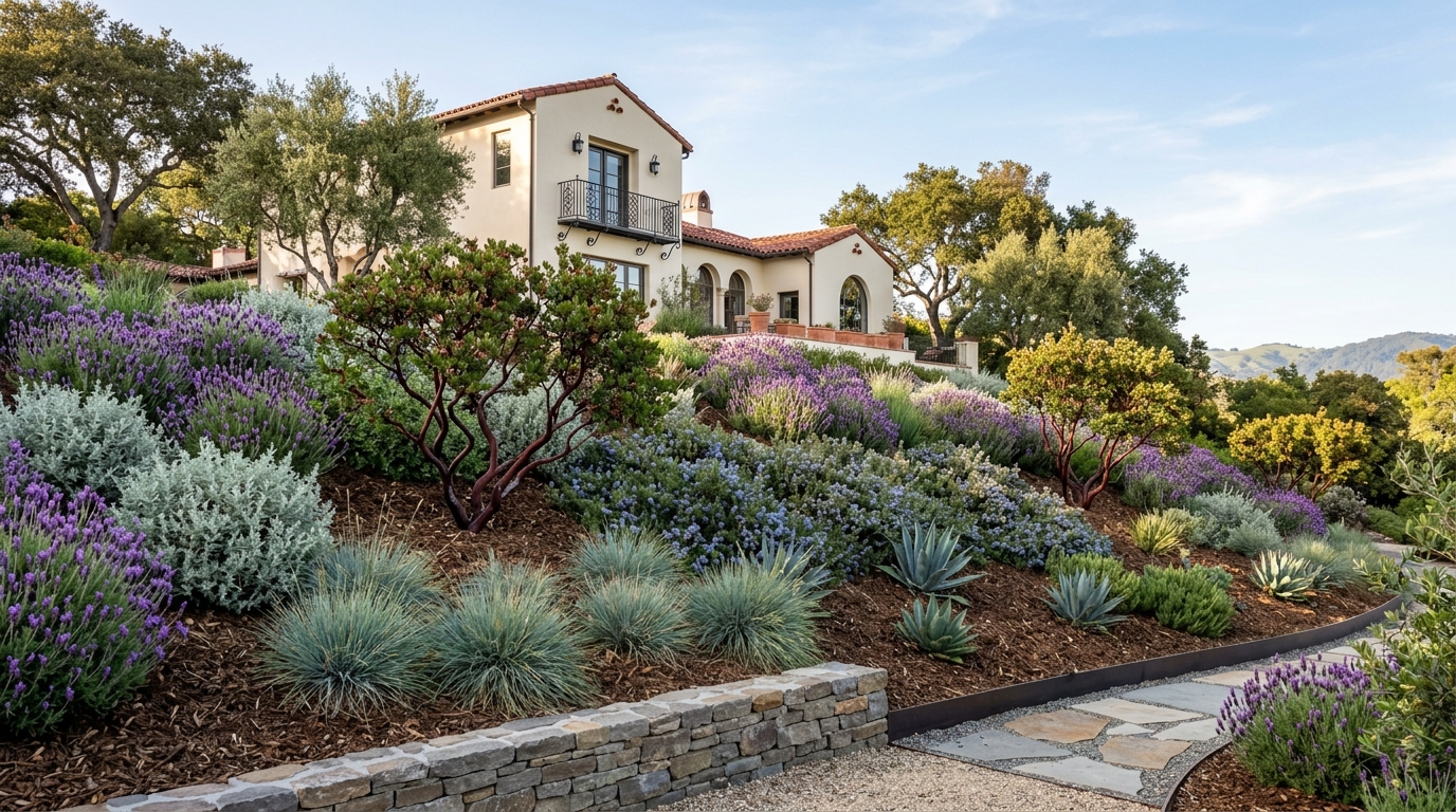 After — deep green sod with retaining wall and lavender beds, 21 days later
