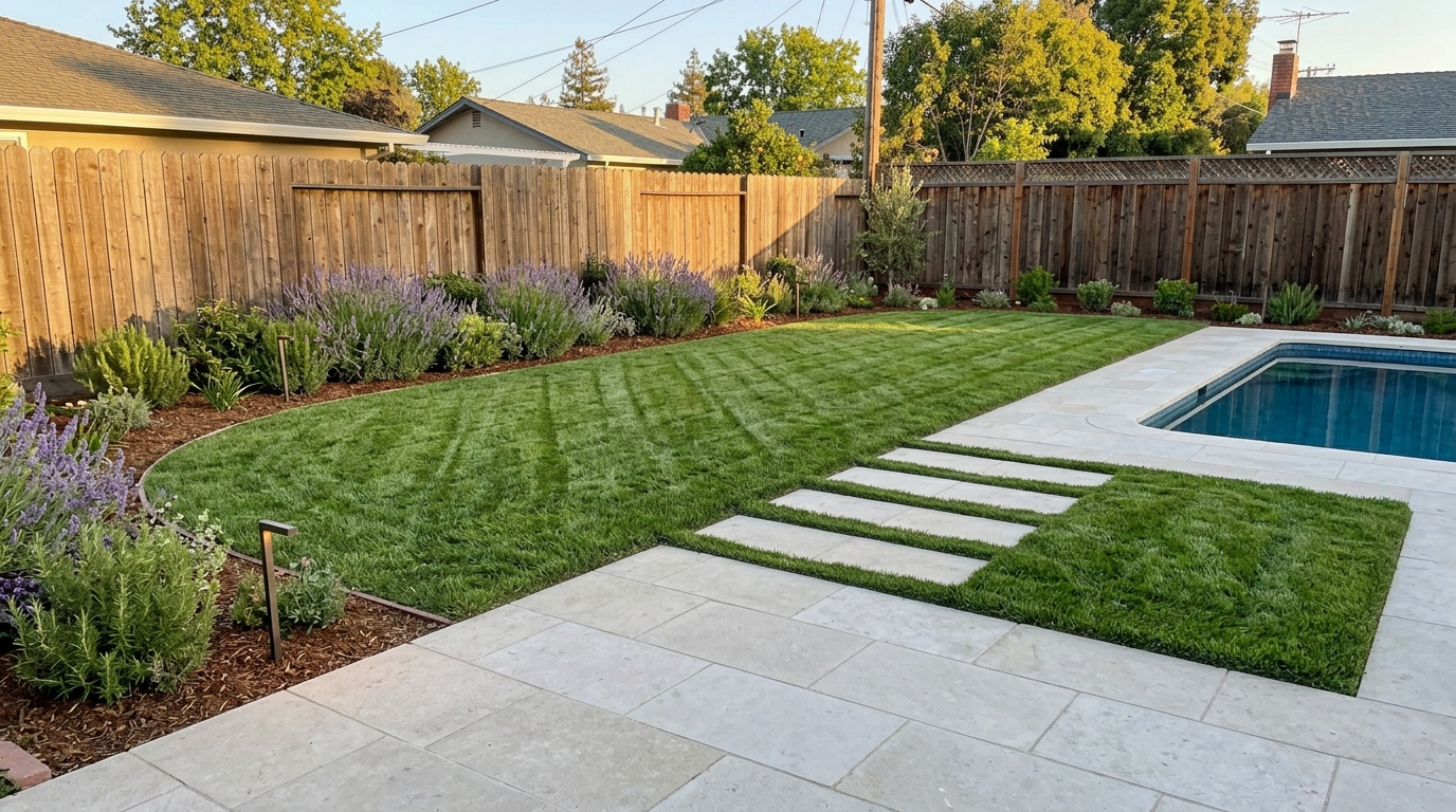 After — striped lawn, stone pavers, and lavender beds around the pool
