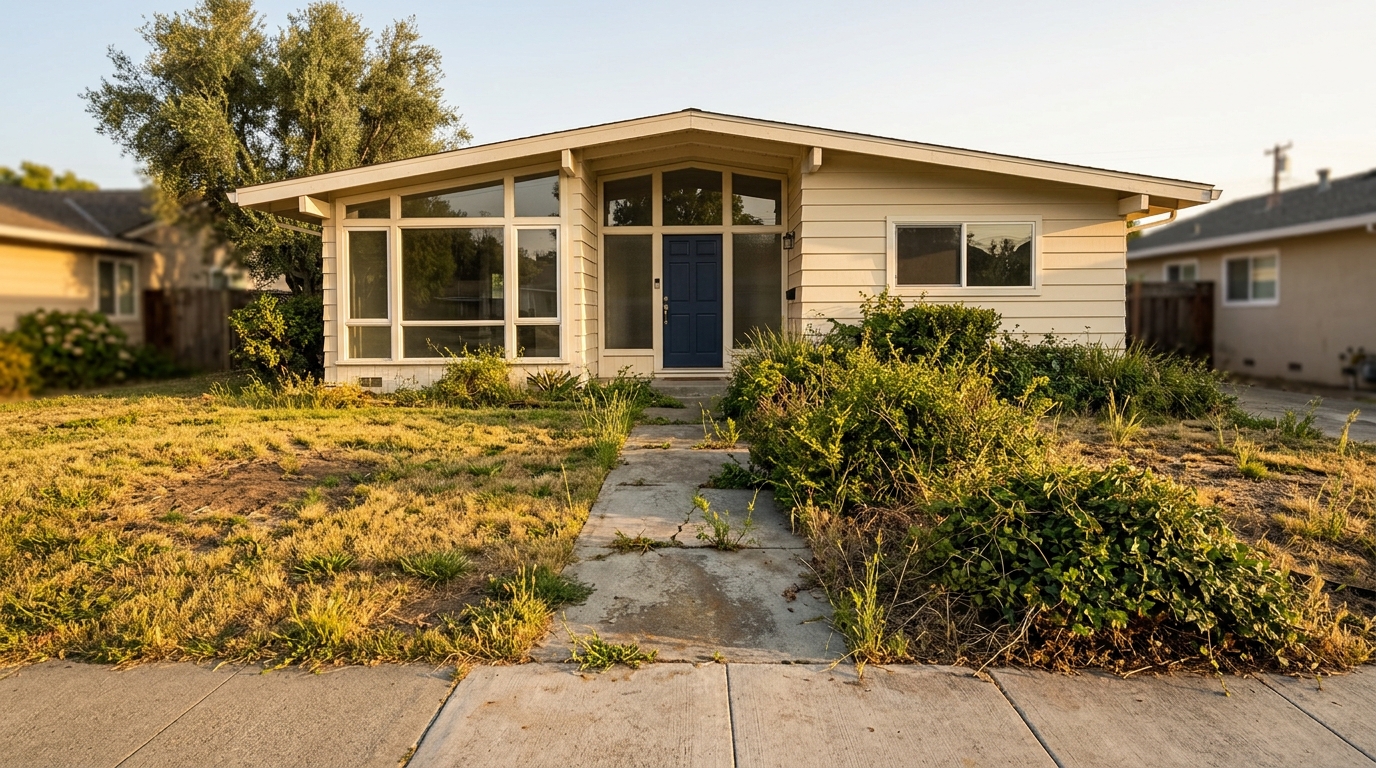 Before — mid-century Burlingame front yard with tired landscaping