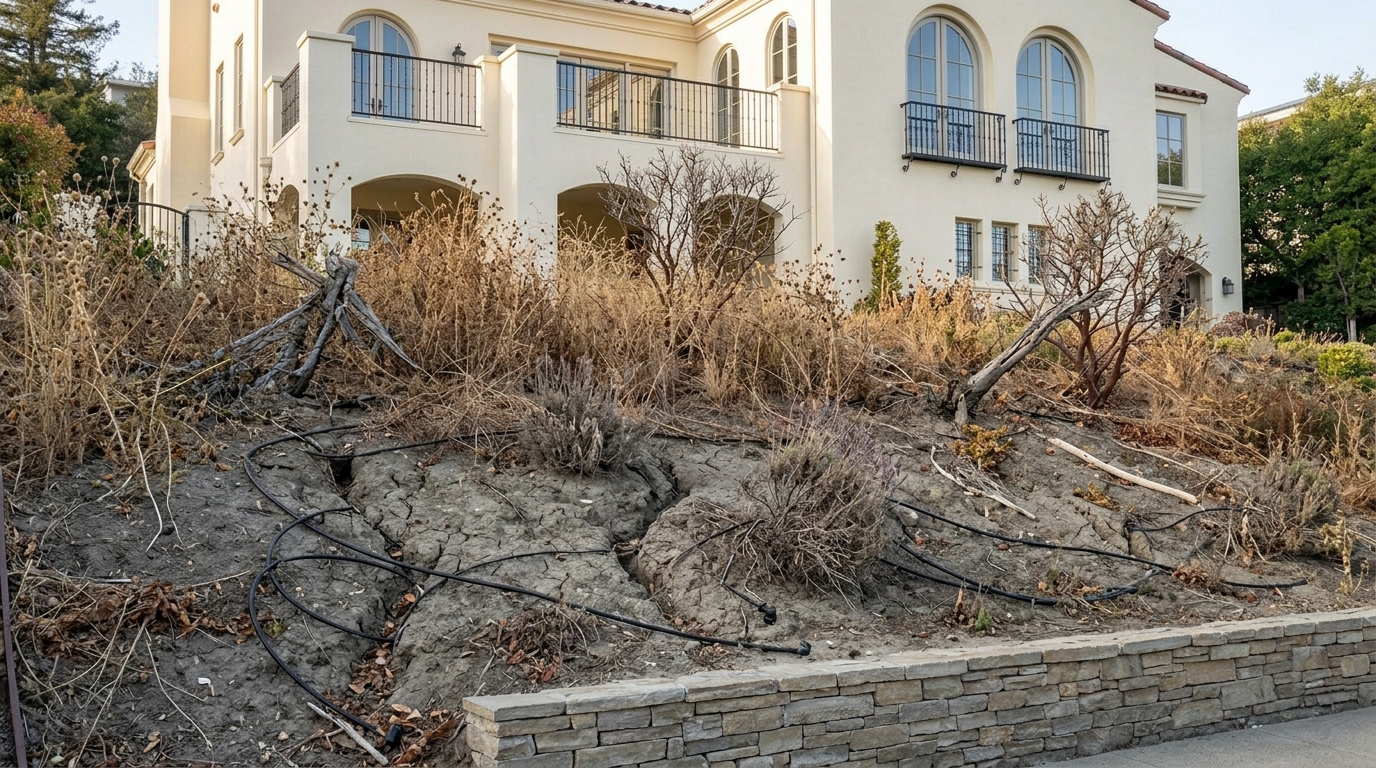 Before — dead hillside with patchy turf at this Hillsborough Mediterranean Revival