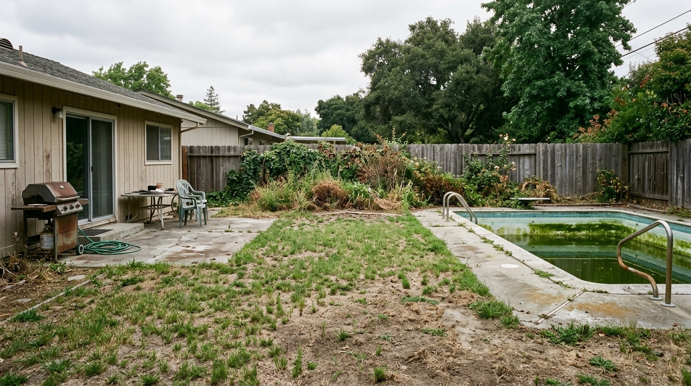Before — patchy Menlo Park backyard with tired pool deck