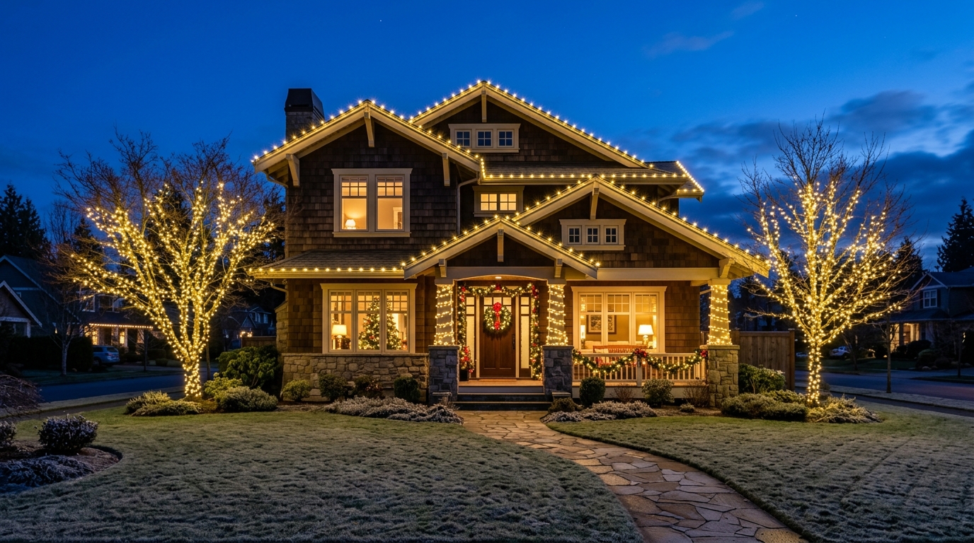Craftsman home with warm white Christmas lights