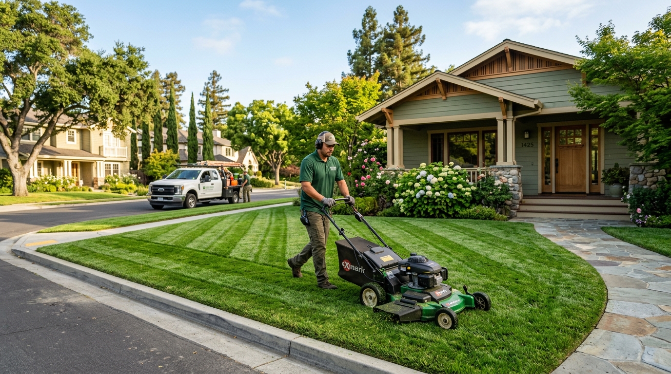 Weekly mowing — striped lawn in front of a Craftsman home