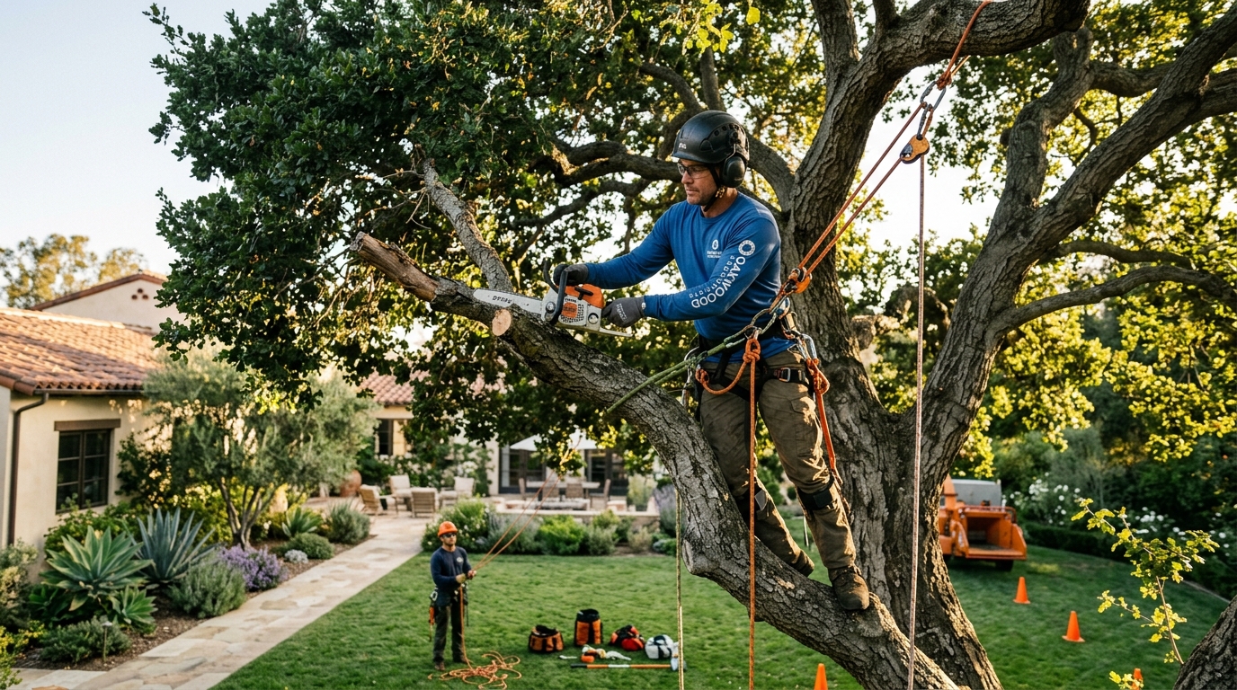 Certified arborist trimming a mature oak
